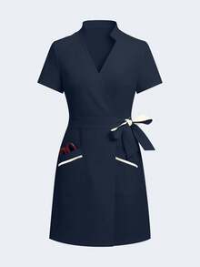 cimmuovere 女款 V 領短袖開襟口袋刷手服 護理師工作服 牙醫醫療寵物醫院實驗室工作裙 秋季 - 藏蓝色 - 查看 4