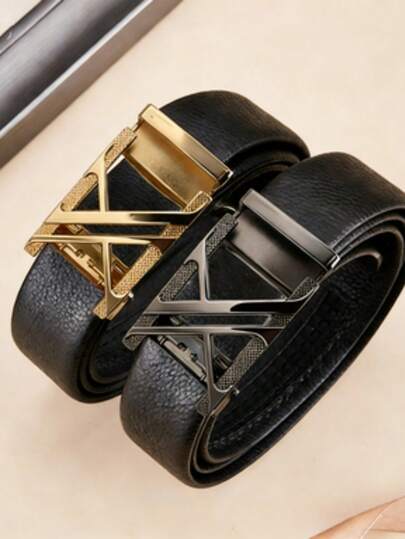 男士黑色纹理腰带，配金色/枪灰色 X 形扣 - 可调节自动腰带
