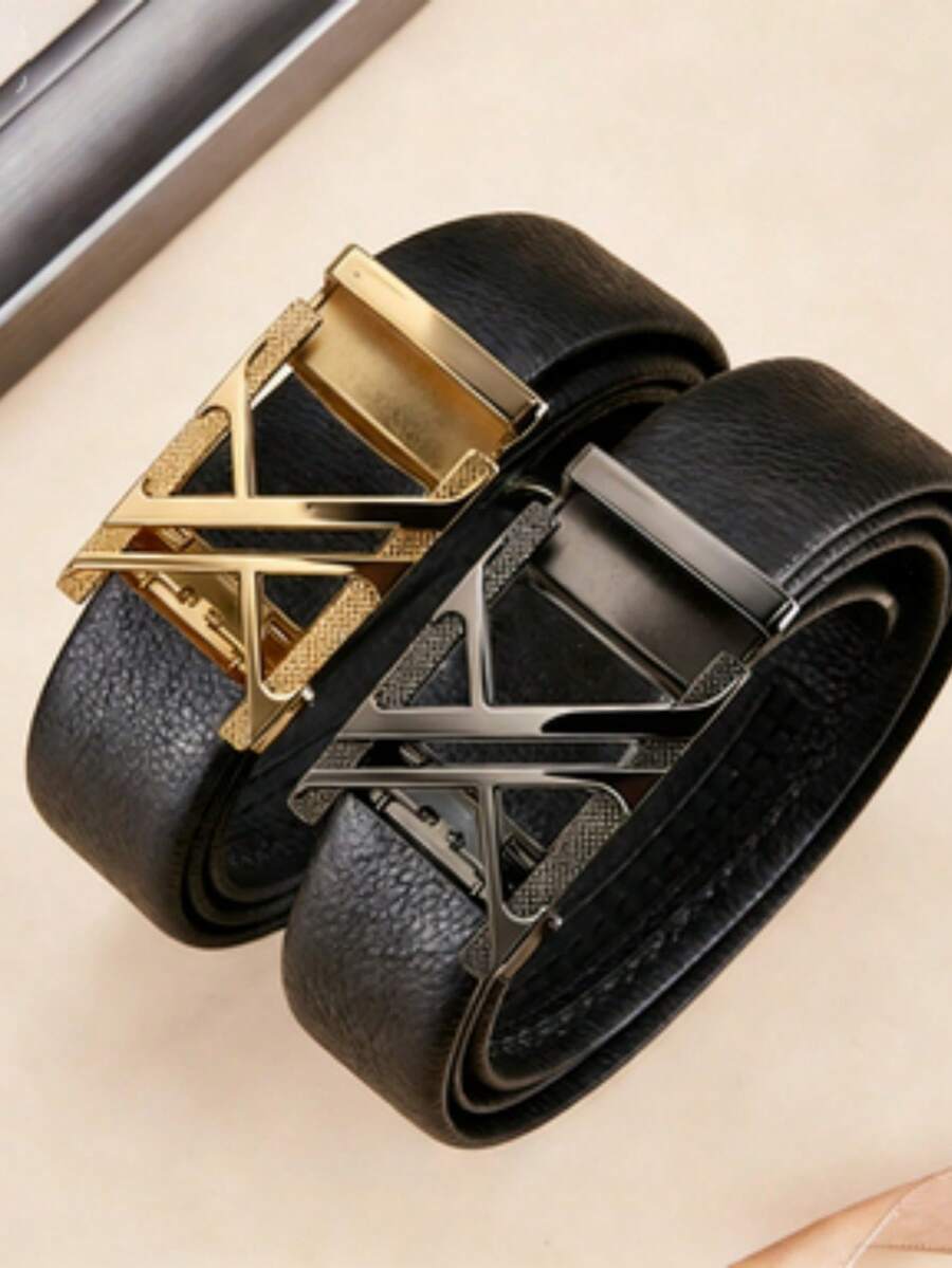 男士黑色纹理腰带，配金色/枪灰色 X 形扣 - 可调节自动腰带 - 彩色 - 查看 1
