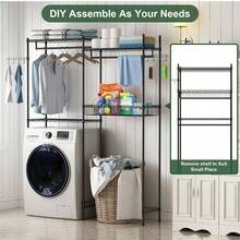 Over The Washer And Dryer Storage Shelves, Clothes Drying Rack With Wire Basket Side Hook, 4-Tier Laundry Room Storage Rack With Adjustable Hanging Rod, Fits Standard Washer/Dryer, Black - Black - View 4