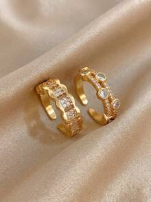 18K Gold Plated Copper Double-Layer Color-Block Zirconia Open Gold Ring For Women, Gold Plated Ring, Jewelry Set, Suitable For Daily Wear, Festivals, Parties, Dating, Beach, Easter, Mother's Day, Summer Jewelry, Valentine's Day Gifts, Gifts For Mom, Bohemian Style Jewelry - Multicolor - View 1