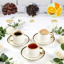 Set Of 6 Elegant White Porcelain Coffee Cups & Saucers, Gilded Ribes, 100ml (3.38 OZ) Espresso Cappuccino Set, Dishwasher Friendly - Perfect For Home Café & Gift Giving - 金色 - 查看 2