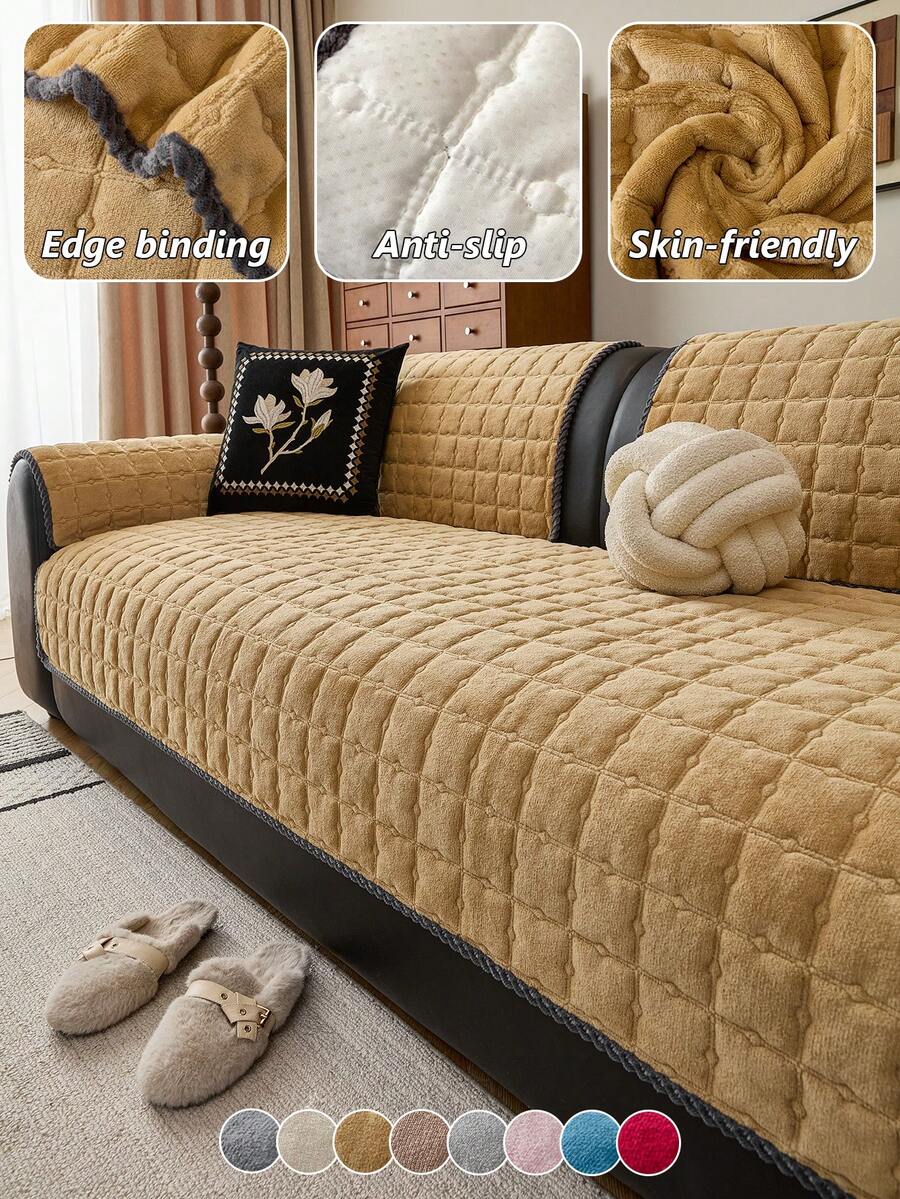 1 chiếc đệm sofa nhung sữa kẻ caro trơn, đệm ngồi dày chống trượt, phù hợp cho sofa 1-4 chỗ ngồi, đệm bảo vệ sofa có thể giặt máy quanh năm. - Màu vàng - Xem 1