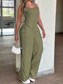 Bộ jumpsuit nữ dáng suông ống rộng, cổ chữ V, không tay, nhún eo, chất liệu giả denim, có túi hai bên, thích hợp cho mùa hè và thanh lịch. - xanh quân đội - Xem 4