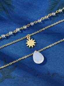 1 Pc Boho Chic 3 Layered Gold Necklace Beaded Choker Sun Pendant And Teardrop Stone Fashion Jewelry For Women Summer Beach Holiday Wear - Gold - View 4
