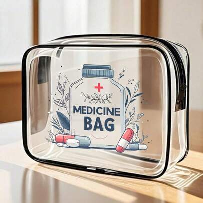 1个大容量PVC旅行收纳包，带拉链封口 - 提供3种尺寸，印有药瓶“Medicne Bag”字母图案，轻便不易褪色，大容量链条旅行洗漱包，旅行洗漱包，化妆品收纳包，洗漱包，桌面收纳包，收纳袋，易于擦拭清洁，适用于旅行、浴室、宿舍、收纳，情人节礼物