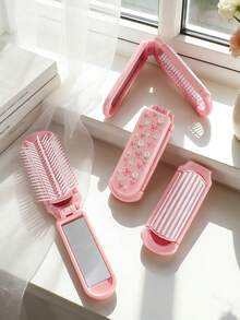 1pc Pink Foldable Comb With Daisy & Heart Print, Compact Design With Built-In Mirror, Portable For Women, Suitable For Travel & Gift - Multicolor - View 10