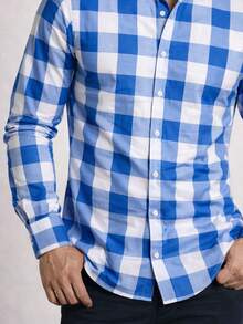 Men's Checkered Shirt, Comfortable Fashion, Long Sleeve, Country Style, June Festival, July Festival, Saint John's Day - Xanh nhạt - Xem 4