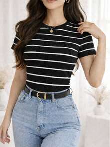 Women's Basic Ribbed Cotton Striped Blouse - Black. - View 1