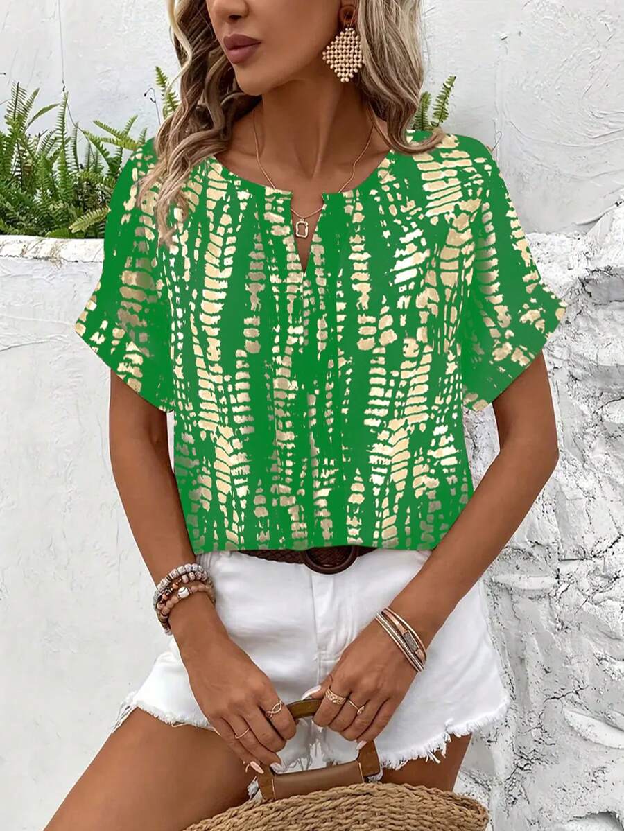 Women's Summer Casual V-Neck Short Sleeve Printed Shirt, American Vintage Texture Print Shirt, Vacation Style Flattering Versatile Design - Green - View 1