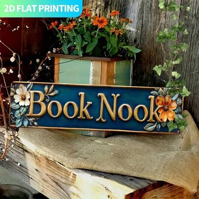 2D Flat - 16X4 Inch Vintage Metal Wall Art Sign, 2D Flat - Rustic Style Book Corner Decor, Gold Letter & Floral Design, Ideal For Farmhouse, Home, Office, Library Decoration, Inspiring Gift For Book Lovers, Durable Metal Craft