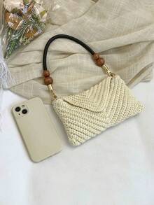 手工编织V形纹理腋下包，配木珠手柄，复古法式优雅风格单肩手提包，简约百搭沙滩包 - 米色 - 查看 8