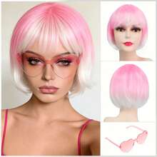 Cyberpunk Bob Wig & Glasses Set - 10 Neon Colors With Adjustable Fringe | Multi-Tone Synthetic Hair For Cosplay, Rave, Halloween & Daily Bold Fashion (Hot Red/Lime Green/Orange/Light Pink/Plum Purple/Neon Blue/Neon Lilac/Golden Blonde/Black) - 漸層粉紅色 - 查看 1