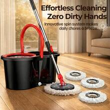 Auction Stainless Steel Rotating  Set, Including 3replacement  Heads And An Extendable Handle, Forconvenient Cleaning, Featuring A Rotating Design. Black Andred Two-Tone  Bucket Set. Commercial  Rotatable  And Bucket Set Industrial Mop Hot Washable Floor - A - View 2