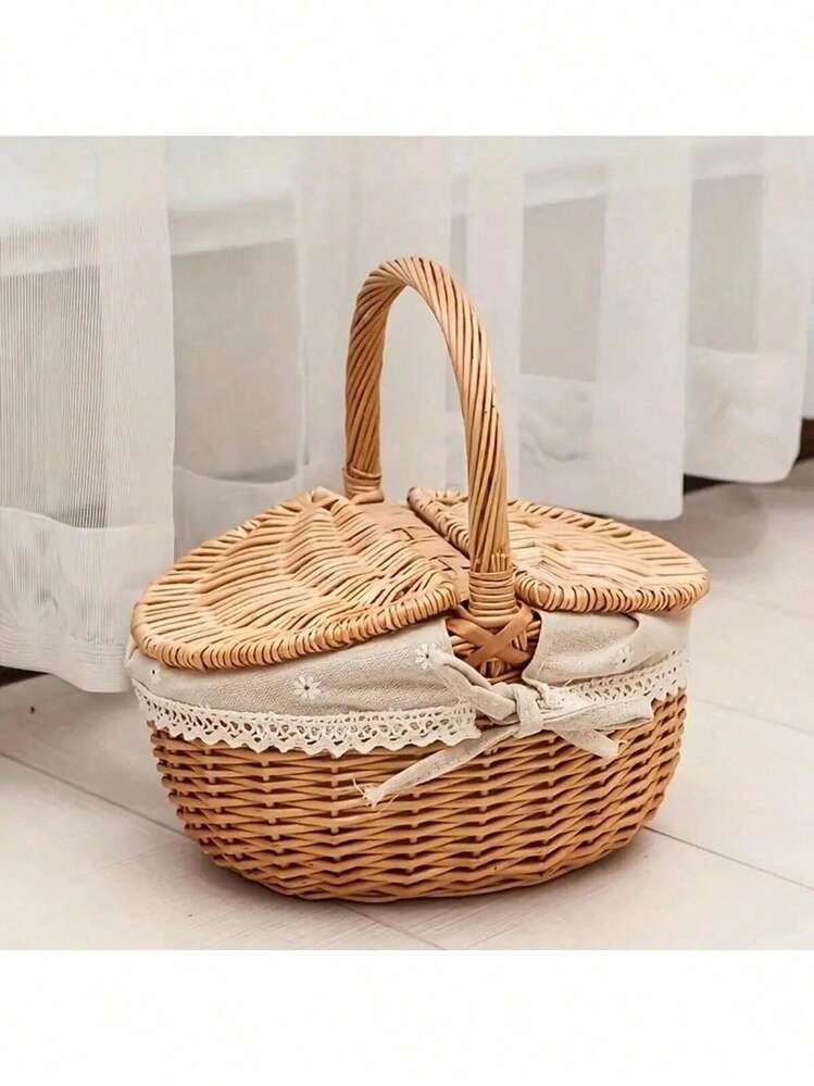 1pc Handmade Picnic Basket, Natural Wicker Basket, Rustic Style Wicker Picnic Basket Gift Basket With Lid, Handle And Lining, Suitable For Picnic, Party And BBQ, Basket, Woven Basket, Wicker Basket, Gift Basket, Wicker Basket, Picnic, Basket With Handle - A - View 4