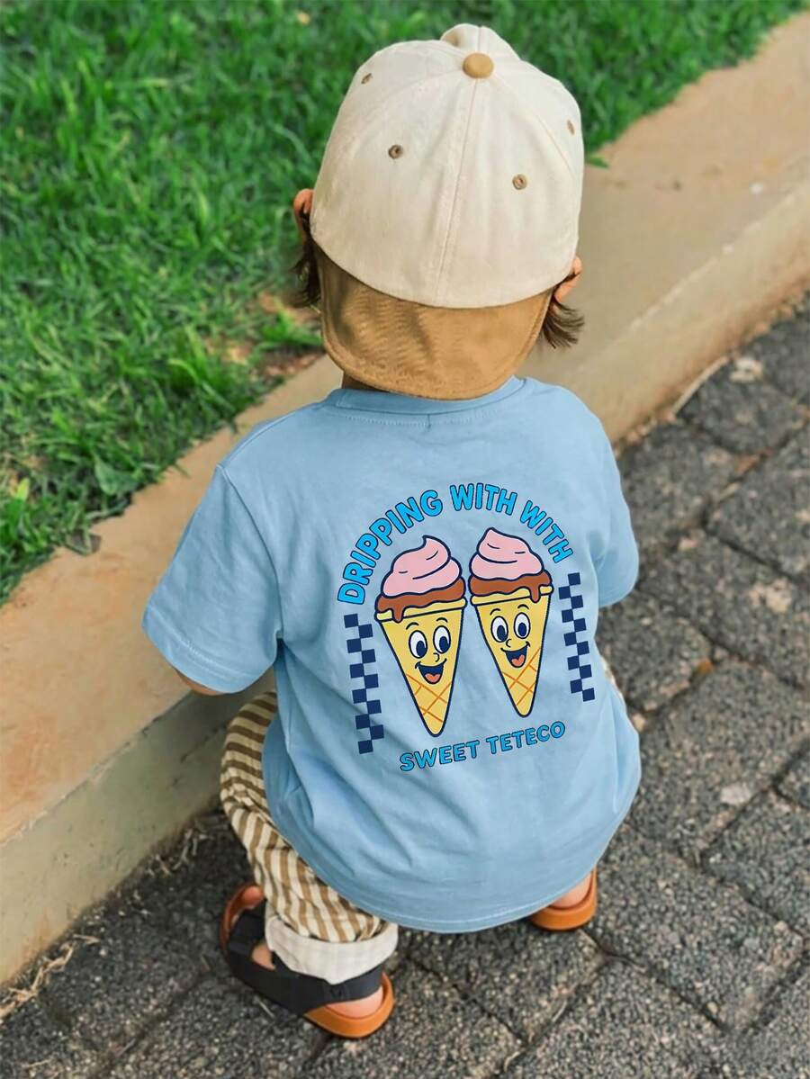 1件婴儿/幼儿男童休闲印花圆领短袖T恤，夏季童装 - 一件引人入胜的T恤，为每个孩子带来欢乐和幸福！ - 淺藍色 - 查看 1