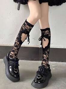 1 Pair Spring/Summer White Lace Drawstring Hollow Bowknot Leg Warmers, Japanese Lolita Goth Punk Knee High Socks With Ripped Holes And Straps, Women Transparent Butterfly Ruffle Mid-Calf Stockings, Sweet Girly Daily Date Socks - Black and White - View 10