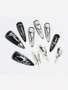 24 Pcs Long European And American Retro Silver 3D Waterdrop Pattern Black Butterfly Handmade Wearable Nails Suitable For Travel Parties Daily Outings Festivals Versatile Pointed Nails + 1 Jelly Gel + 1 Nail File - Black - View 5