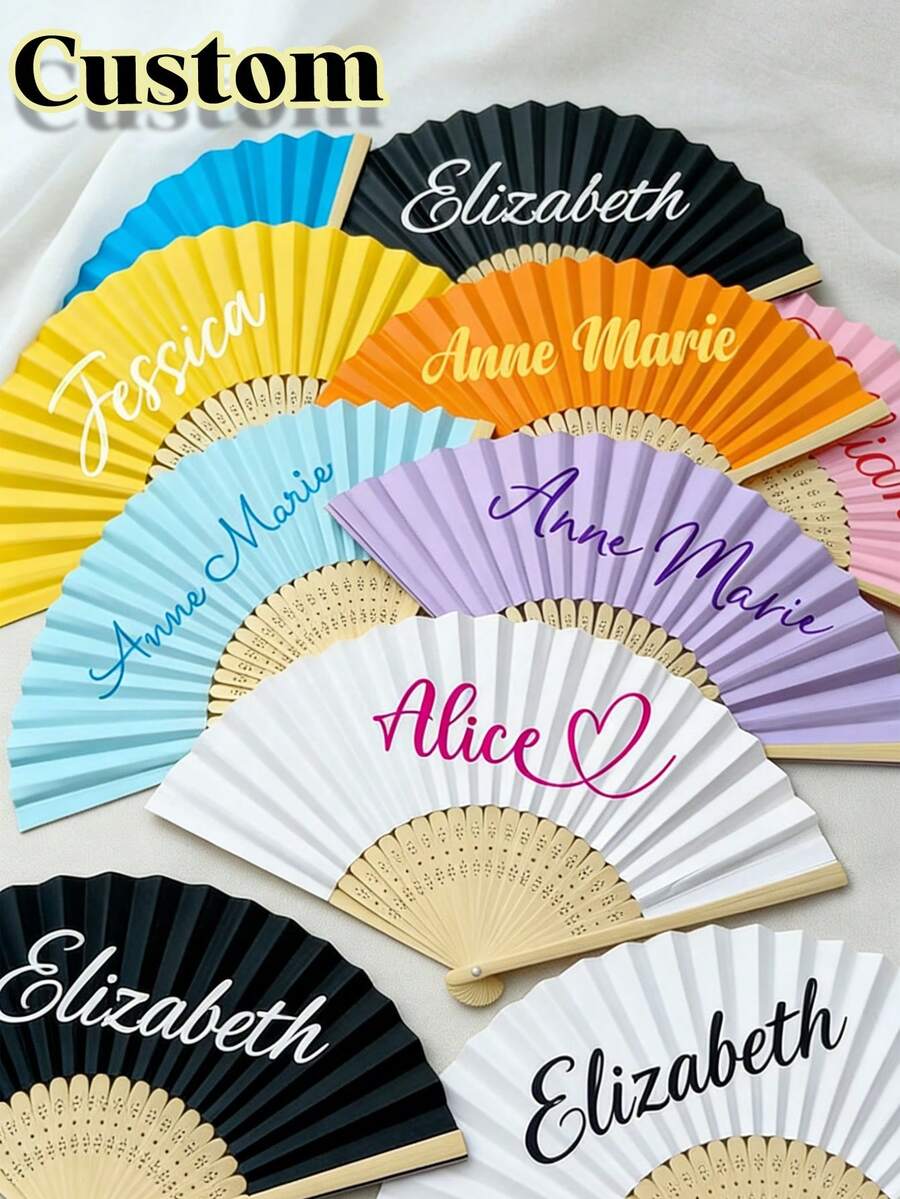 Quạt cầm tay bằng vải trắng, nan tre, in tên/họa tiết theo yêu cầu, quà tặng tiệc cưới, quạt giấy và tre cá nhân hóa, màu trắng/hồng/đen, quà tặng tiệc độc thân, quà tặng ngày lễ cho phụ nữ, quà cưới, sinh nhật, tiệc mừng em bé, cô dâu - Nhiều màu - Xem 1