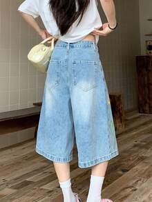 Quần jeans lửng dáng rộng in họa tiết Dopamine dành cho nữ - Màu xanh lam - Xem 5