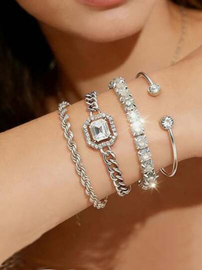 1 Pc Adjustable Jewelry Artistic Retro Versatile Chain Square Diamond 4-Piece Set Hot-Selling Multi-Layer Stacking Bracelets For Women