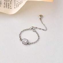 S925纯银经典方形全钻设计，镶嵌大颗立方氧化锆，时尚百搭，奢华优雅，馈赠亲友佳品，可调节拉环式戒指 - 銀色 - 查看 5