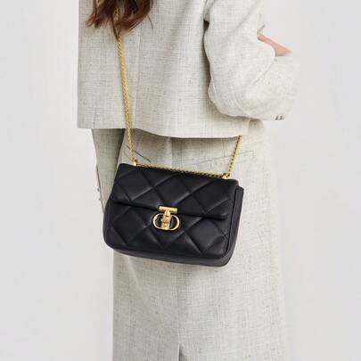 Cross-Border Fashion Rhombus Chain Shoulder Bag, Black Lockable Crossbody Bag