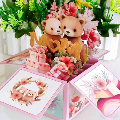 1pc 3D Pop-Up Mother's Day Greeting Card With Envelope - Vibrant Floral Design, Heartfelt Wishes And Creative Gift Suitable For Mom Or Elderly Women, Mother's Day Gift | Elegant Calligraphy | Laser Cut Details, Mom Birthday Gift, 3D Floral Box, Pop-Up Birthday Flower Box