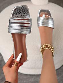 Sandalias minimalistas francesas! Sandalias de tacón alto con tira delgada y punta cuadrada, diapositivas de mula de verano para mujer - Plateado - Ver 2