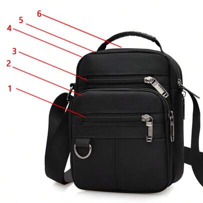 男士六口袋斜挎包，黑/灰，尼龙材质，时尚休闲多功能男士单肩包，多个口袋和隔层可收纳手机、眼镜、钥匙、身份证等物品，配有可调节肩带，轻便易携，适合学生、高中生、大学生、校园生活、旅行、商务出行、通勤、购物、办公、约会、户外活动、健身、跑步、骑行、徒步和露营等场合。