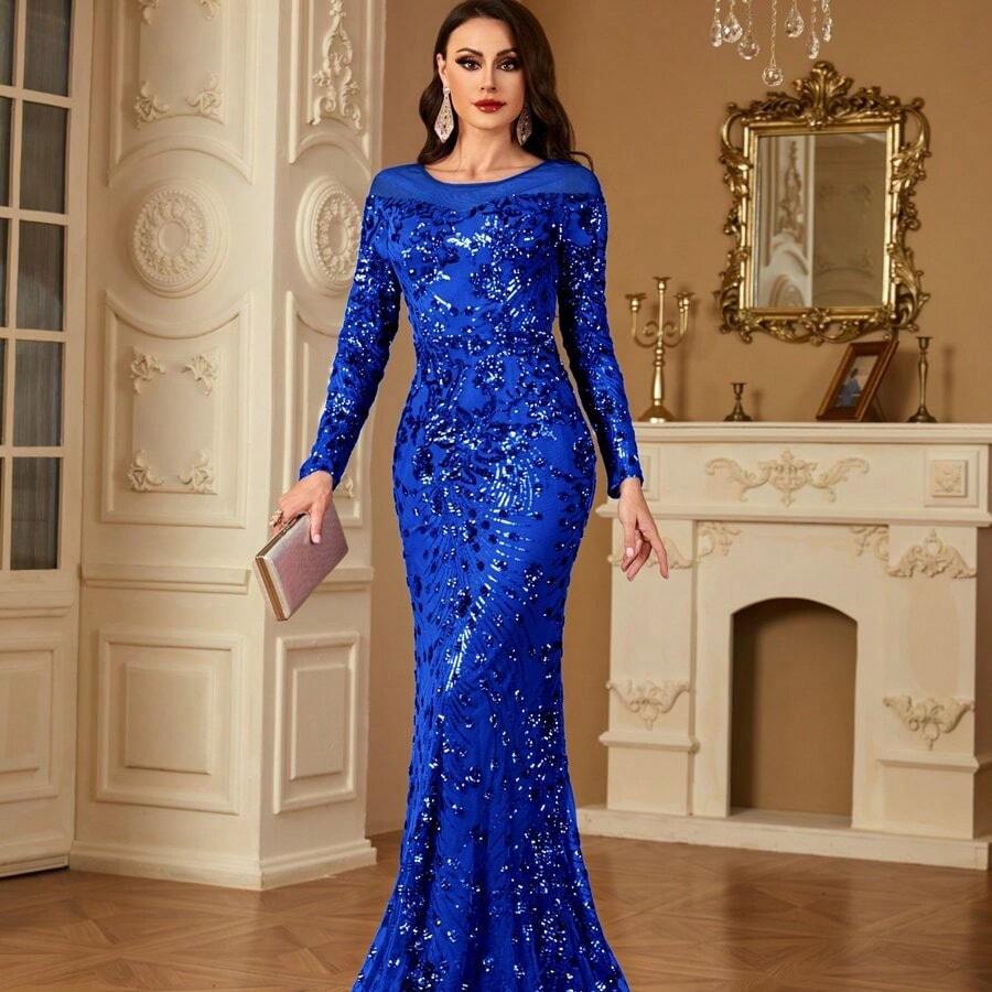 Elegant Long Sleeve Crew Neck Sequin Embroidered Bodycon Dress | Mermaid Hem, Contrast Sequin Details, Long Length, Suitable For Spring/Fall - Xanh đậm - Xem 1