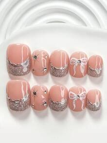 10件套闪亮美甲套装，包含凝胶指甲油、水钻美甲装饰、蝴蝶结和星星装饰，尽显奢华优雅风格，并附赠美甲工具（1个果冻贴+1个指甲锉）。提供三种尺寸：方形、短方形、杏仁形。适合派对、日常、活动、拍照、春夏通勤等场合。 - 彩色 - 查看 2