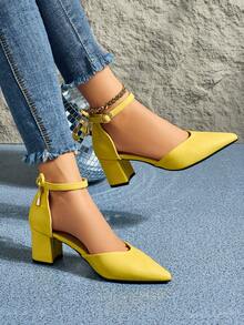 Women's Pointed Toe Suede Hollow Out Bowknot Chunky Heel Pumps, Versatile For Daily, Work, Business, Commute, Black, Plus Size - Lemon Yellow - View 5