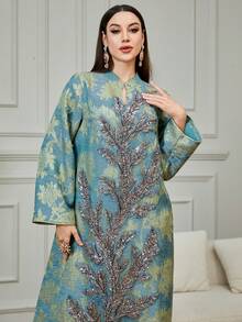 Đầm maxi Kaftan dài tay cổ chữ V mới dành cho nữ trong tháng Ramadan, đầm Jalabiya thêu đính cườm cầu kỳ, sang trọng cho lễ Eid Al-Fitr. - màu xanh lá - Xem 3