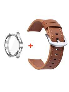 2件套复古棕色真皮表带搭配银色PC表壳，兼容三星Galaxy Watch 4/5/6/7 40mm/44mm，经典真皮表带及表壳，智能手表表带，手表保护套，手表屏幕保护膜，表带配件，智能手表配件 - 棕色 - 查看 2