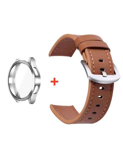 2pcs/Set Vintage Brown Leather Watch Strap With Silver PC Watch Case Set Compatible With Samsung Galaxy Watch 4 5 6 7 40mm 44mm,Classic Leather Watch Band & Watch Case,Smart Watchbands,Watch Protective Cover,Watch Screen Protector,Watch Strap Accessories,Watch Accessories For Smartwatch