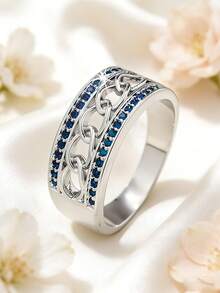 1枚时尚简约日常链条设计微镶嵌圆形合成锆石戒指，男士休闲饰品，适合作为情人节、感恩节、圣诞节、新年礼物 - 藍色 - 查看 3