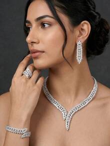 Bộ trang sức cưới đính đá Cubic Zirconia cao cấp, thích hợp cho phụ nữ dự tiệc, bộ dây chuyền cưới đính đá CZ sang trọng của Dubai và Nigeria. - Bạc - Xem 1