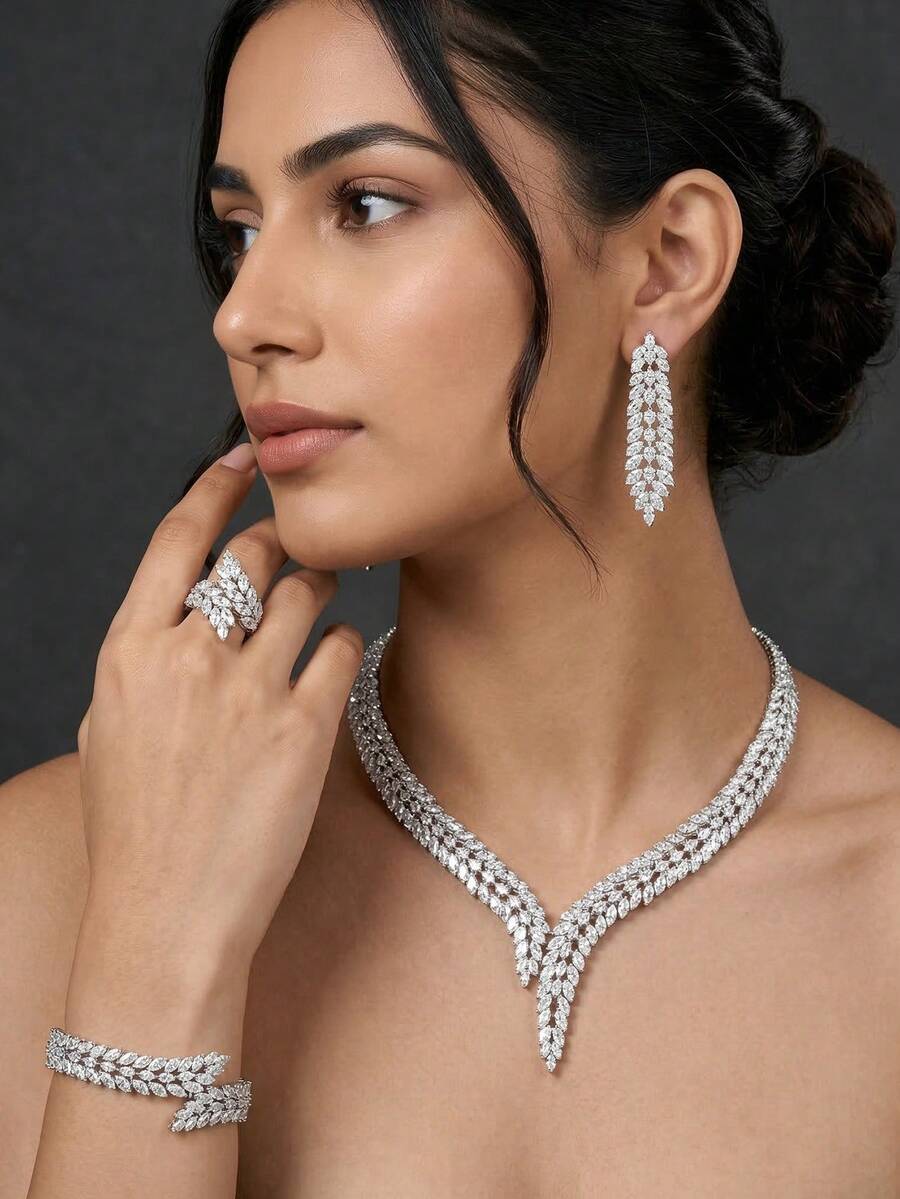 Bộ trang sức cưới đính đá Cubic Zirconia cao cấp, thích hợp cho phụ nữ dự tiệc, bộ dây chuyền cưới đính đá CZ sang trọng của Dubai và Nigeria. - Bạc - Xem 1