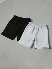 2pcs Tween Boys' Casual Letter Print Shorts Set, Summer - Black - View 4