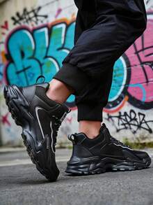 Men's Sporty Black Sneakers With Thick Sole Durable Outsole Anti-Slip Design Breathable Mesh Upper For Hiking Walking Gym Training Perfect Gift - 黑色 - 查看 5