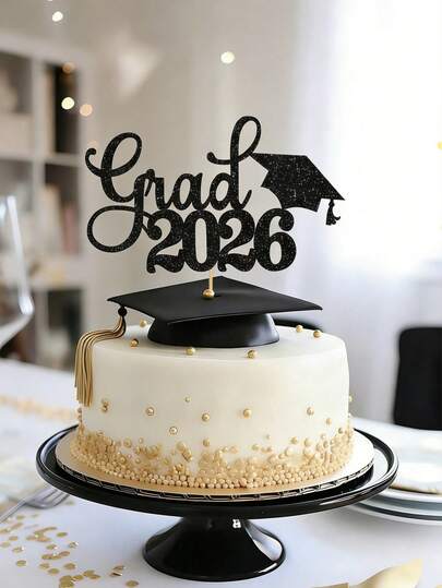 1/2pcs Grad 2026 Cake Topper With Glitter Congrats Grad Cap Class Of 2026 Cake Pick Decorations For 2026 Graduation Theme School Graduate Party Supplies Black.