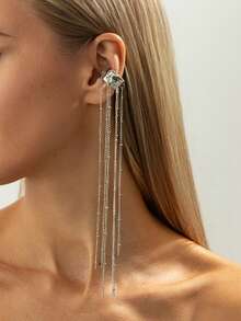 1pc Personalized Long Chain Tassel Ear Cuff Earrings For Women, No Piercing Required - Silver - View 8
