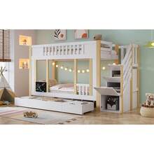 Bunk Bed, Children's Bed, Wardrobe With Ladder And Storage Function, Three Drawers With Wheels, Small Drawing Board, Pine + MDF + PB + Plywood, White + Natural, 90x200cm - 1 - View 4