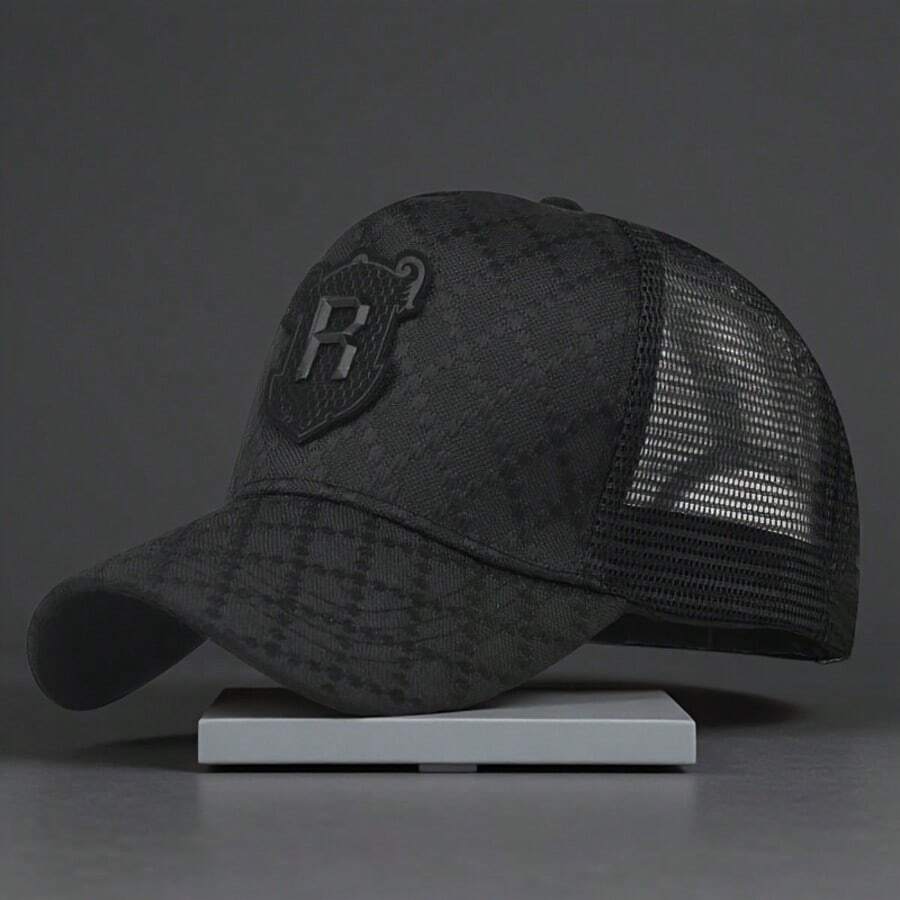 Men's Letter Adhesive Mesh Breathable Baseball Cap, Comfortable, Ventilated, Sun-Proof And Sunshade Cap For Outdoor Sports, Cool And Casual Baseball Cap For Street Activities, Truck Driver Cap - 黑色 - 查看 1
