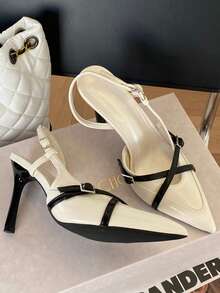 Zapatos de tacón alto con punta fina y lazo, de estilo Mary Jane, con perlas rojas, de tacón alto y sexy para mujeres - Beis - Ver 4