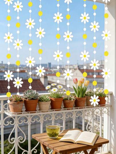 2套雏菊横幅花环悬挂装饰，白色雏菊圆点纸质横幅，嬉皮波西米亚风生日装饰雏菊派对装饰，春夏花卉悬挂横幅，清新风格白色雏菊花环横幅，雏菊花环套装，雏菊悬挂漩涡雏菊纸质剪纸雏菊派对装饰，炫酷雏菊花环背景，适用于室内外派对、周年纪念、婚礼、生日派对、迎婴派对（白色）