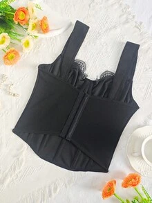 Top Cropped Bralette Feminino com Alças Largas e Recortes em Renda Preta - Preto - Visão 8