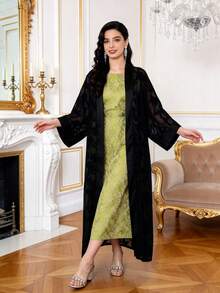 2026 New Style Ramadan Traditional Elegant Jacquard Fabric Arabic Women's Dress JALABIA Two Pieces Set, Collarless Belted Sleeveless Robe, Black & Green - Black - View 8