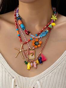 一套夏季波西米亚风多层串珠项链，手工编织绳项链，配有鱼和海星吊坠、珐琅心形和塔罗牌不锈钢吊坠、彩色玻璃珠沙滩风项链，适合度假佩戴 - 彩色 - 查看 15